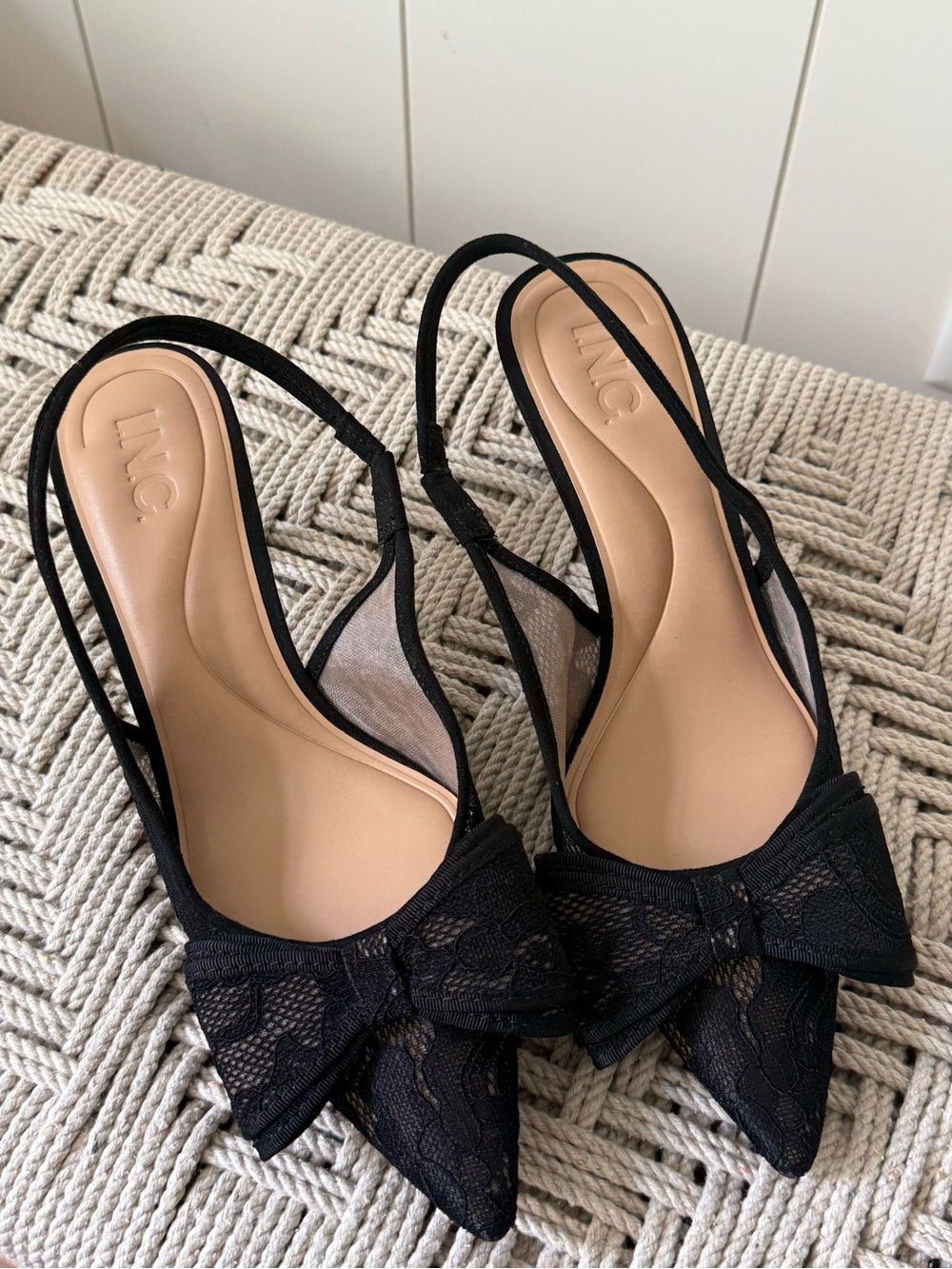 INC International Concepts Black Lace Slingback Pointed-Toe Mules with Bow